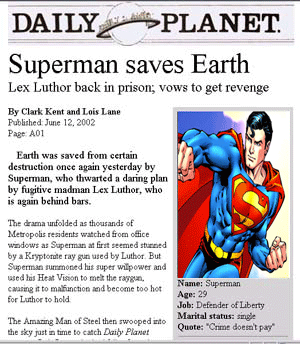 Recorte de periódico Supermán salva a la Tierra